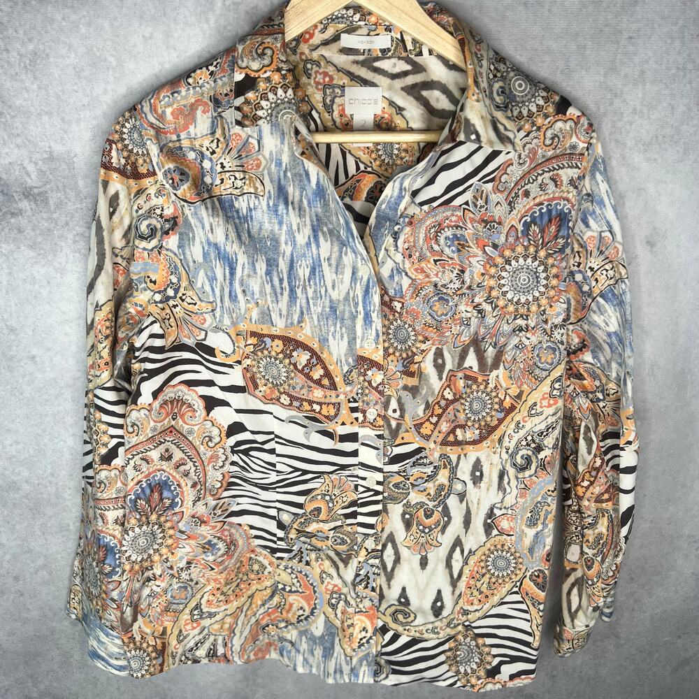 Chico's Animal Paisley No Iron Cotton Button Down Blouse